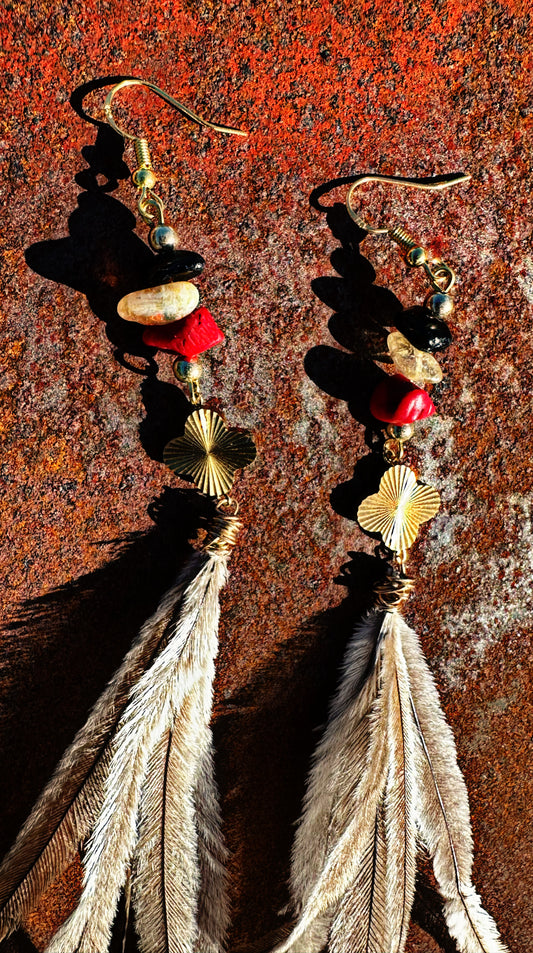Designer Inspired Aboriginal Emu Feather Crystal Gold Earrings