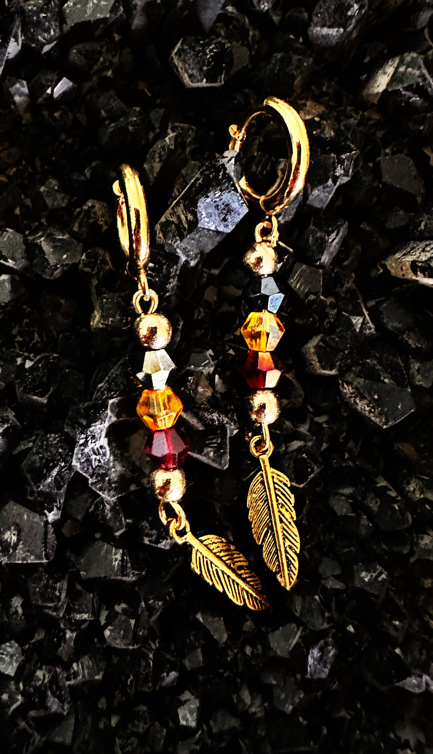 Gold Feather Glass Crystal Hoop Earrings