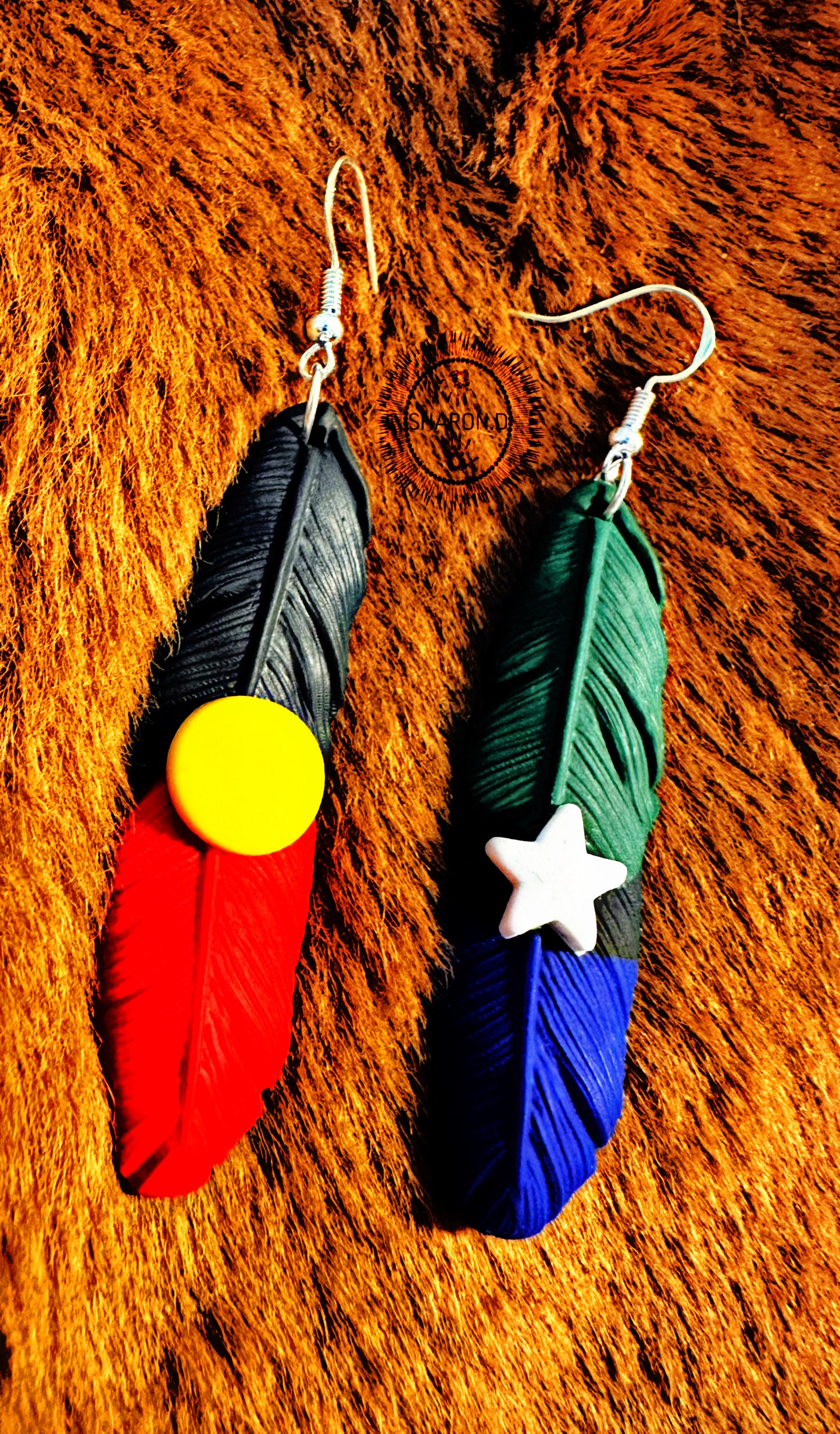 Aboriginal and TS Flag Feather Earrings - Silver hooks