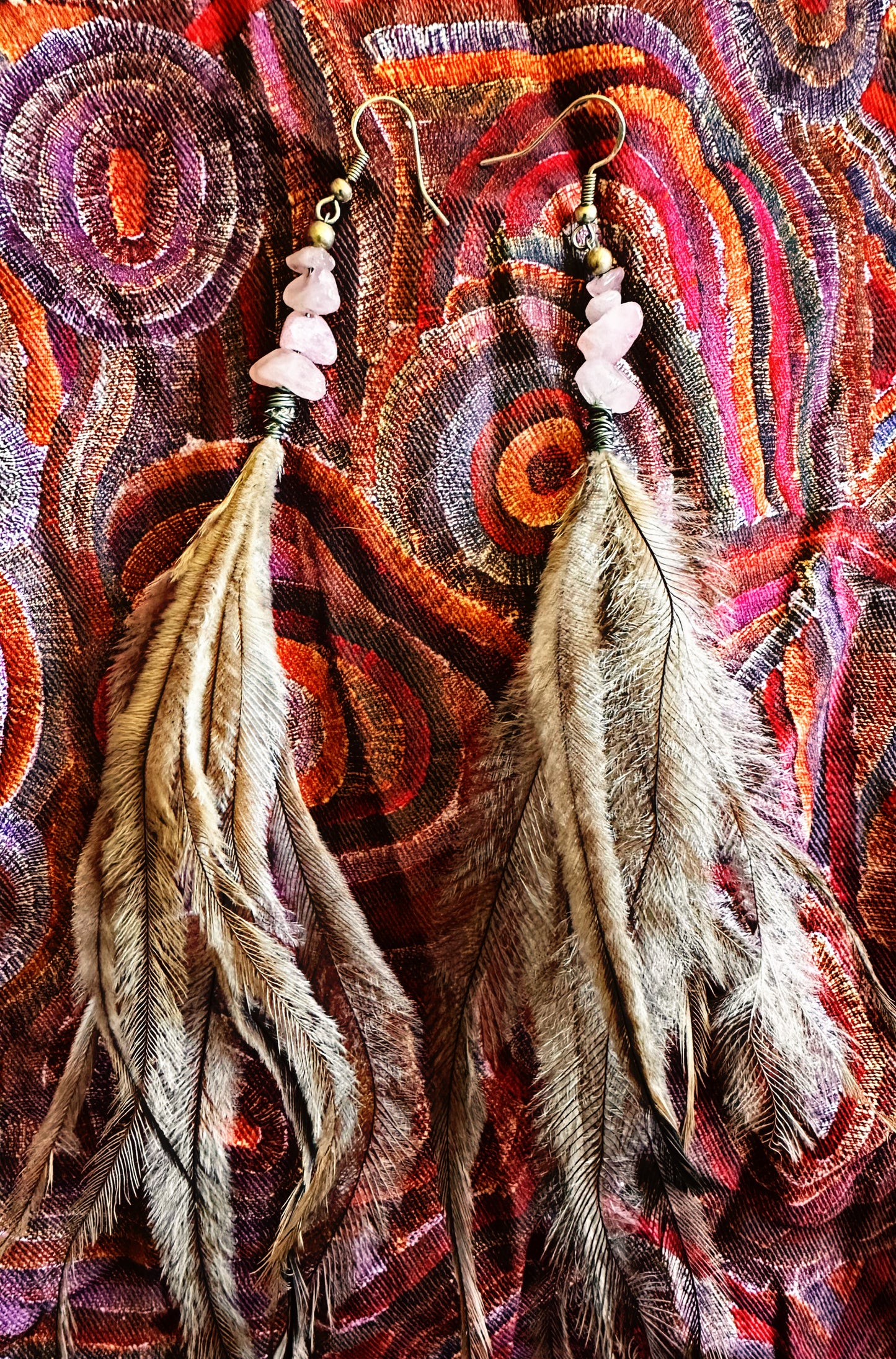 Rose Quartz Emu Feather Earrings