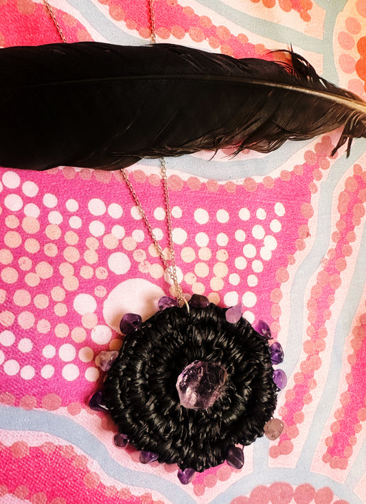 Amethyst Black Raffia Weaved Necklace