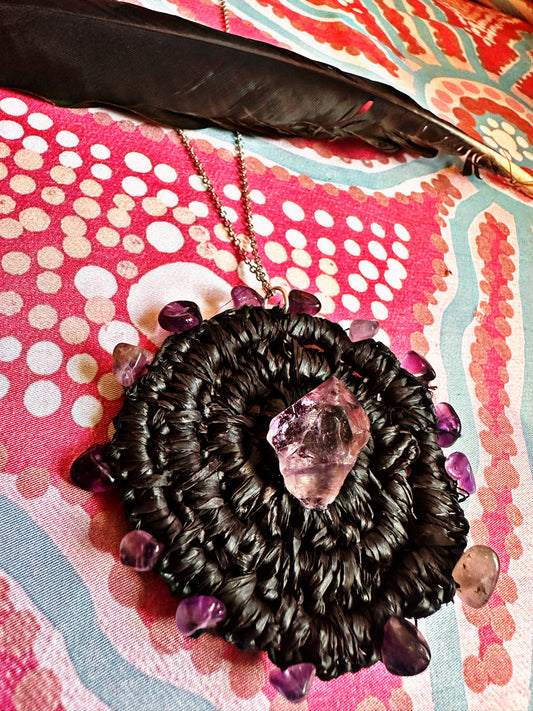 Amethyst Black Raffia Weaved Necklace