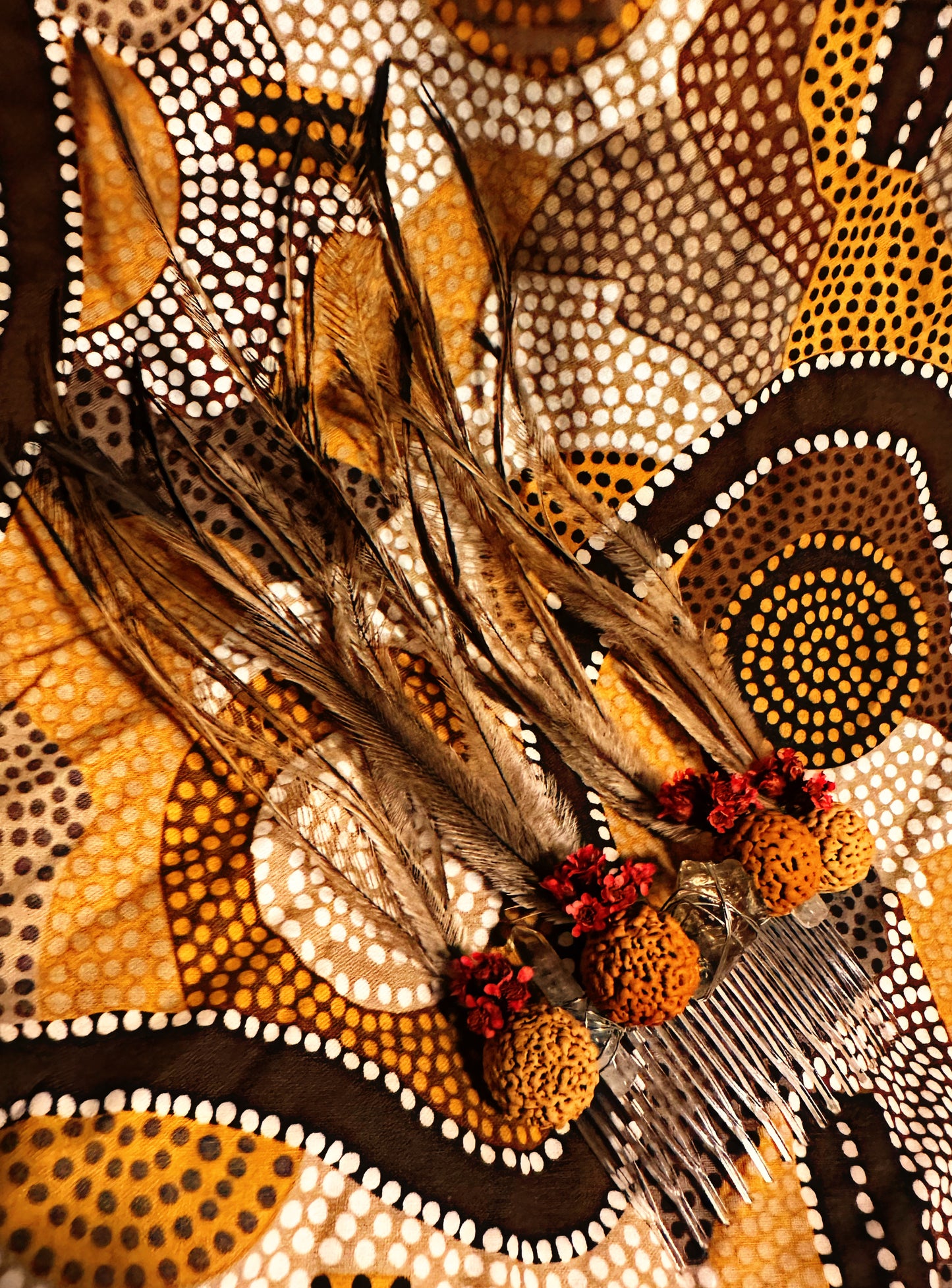 Quandong, Emu Feathers and Red Dried Flowers Hair Piece with Smokey & Clear Quartz