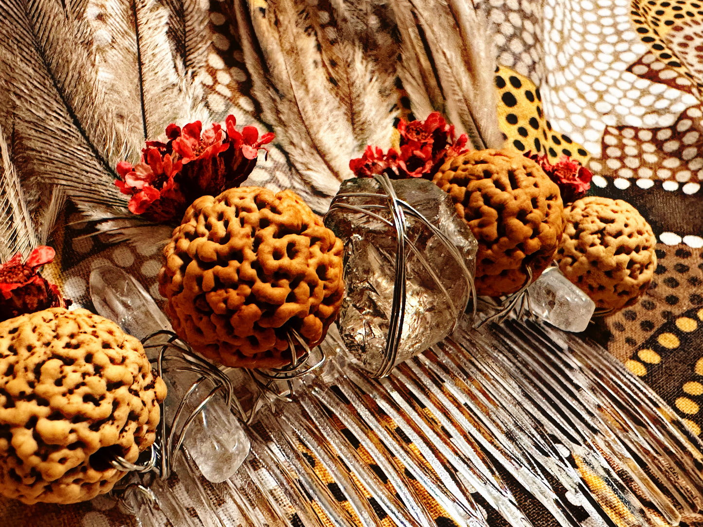 Quandong, Emu Feathers and Red Dried Flowers Hair Piece with Smokey & Clear Quartz
