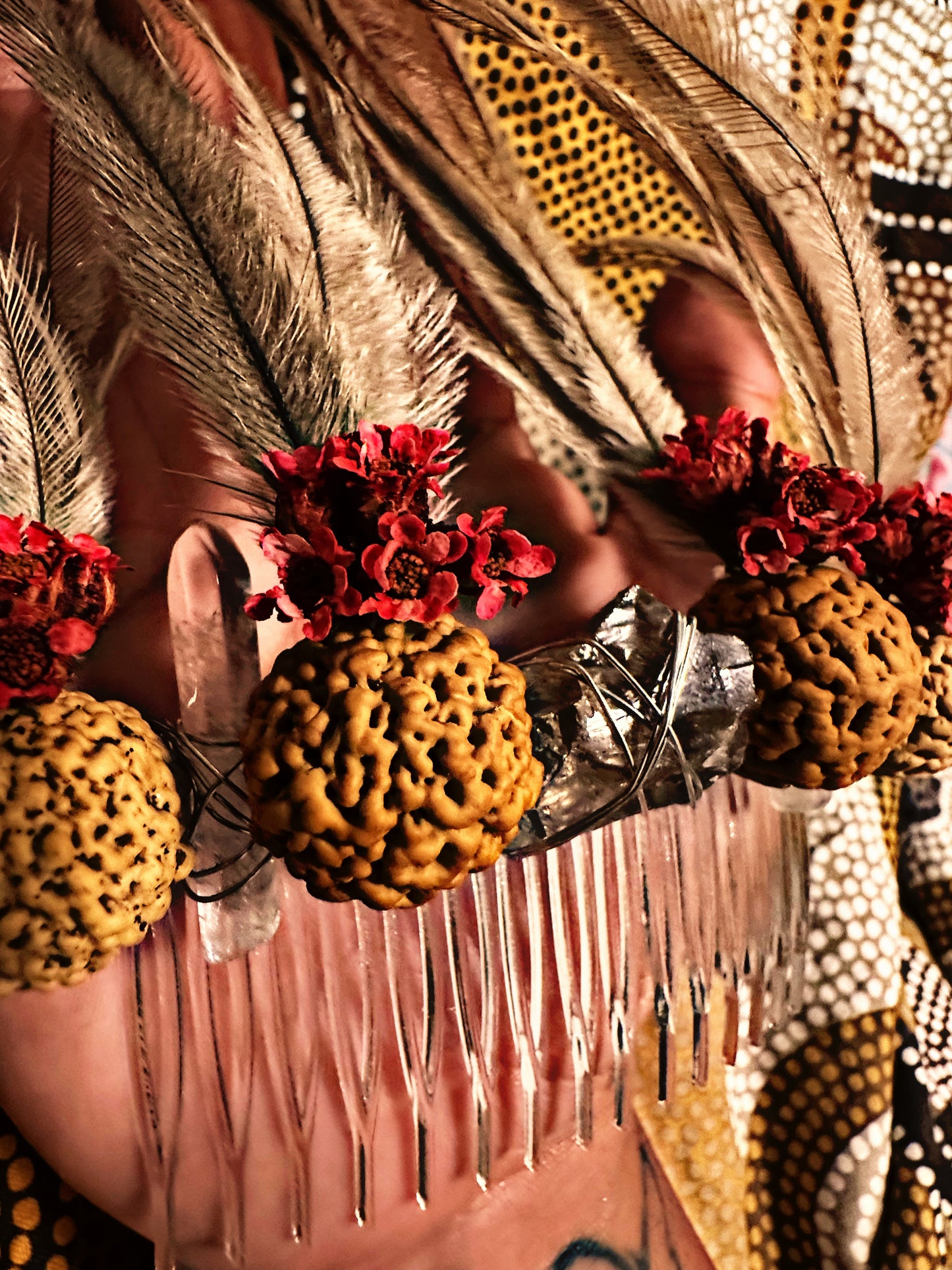 Quandong, Emu Feathers and Red Dried Flowers Hair Piece with Smokey & Clear Quartz
