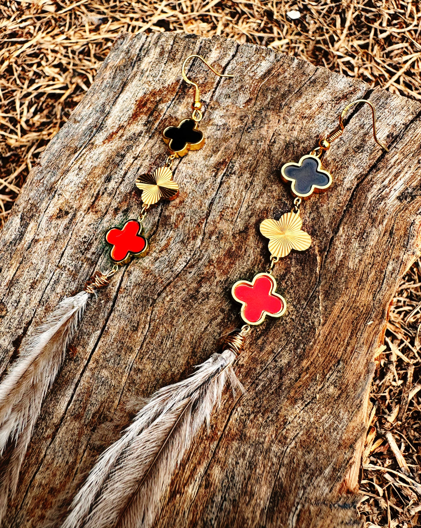 PreOrder-Designer Inspired Aboriginal Emu Feather Gold Earrings
