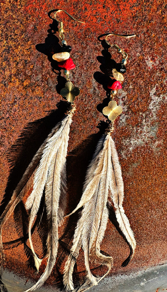 Designer Inspired Aboriginal Emu Feather Crystal Gold Earrings