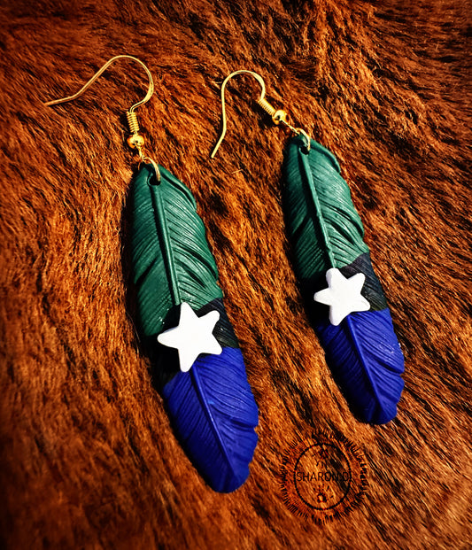 Torres Strait Flag Feather Earrings - Gold Hooks