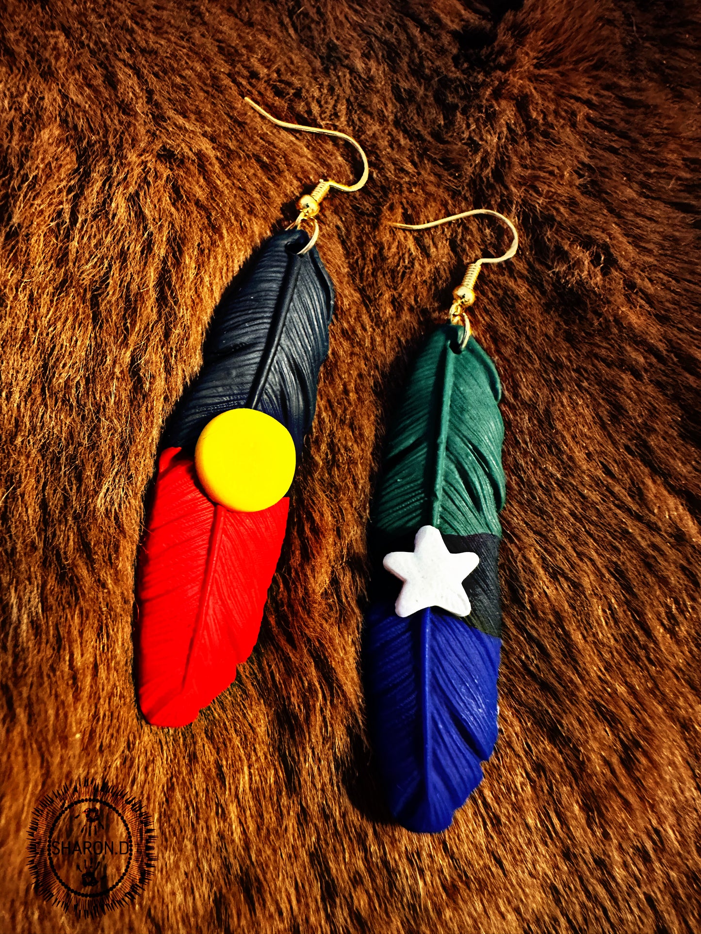 Aboriginal and TS Flag Feather Earrings - Gold Hooks